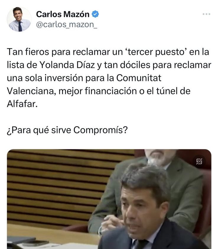Carlos, que tu i milions de valencians anem gratis per l’AP7 gràcies a Compromís quan el teu partit ampliava la concesió. Es van pagar 330M del deute de La Marina que va generar el teu partit gràcies a Compromís. Renta’t la llengua quan parles de @compromis.