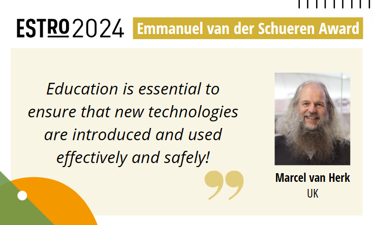 🏆 Congrats Marcel van Herk on the van der Schueren Award at #ESTRO24, honoring dedicated #radonc education & pioneering research. ✅ Award lecture on '25 years of ESTRO teaching, from big brother to big data'' 📅4 May | 14:15-14:40 BST 👉 Interview: bit.ly/3W4KKWs