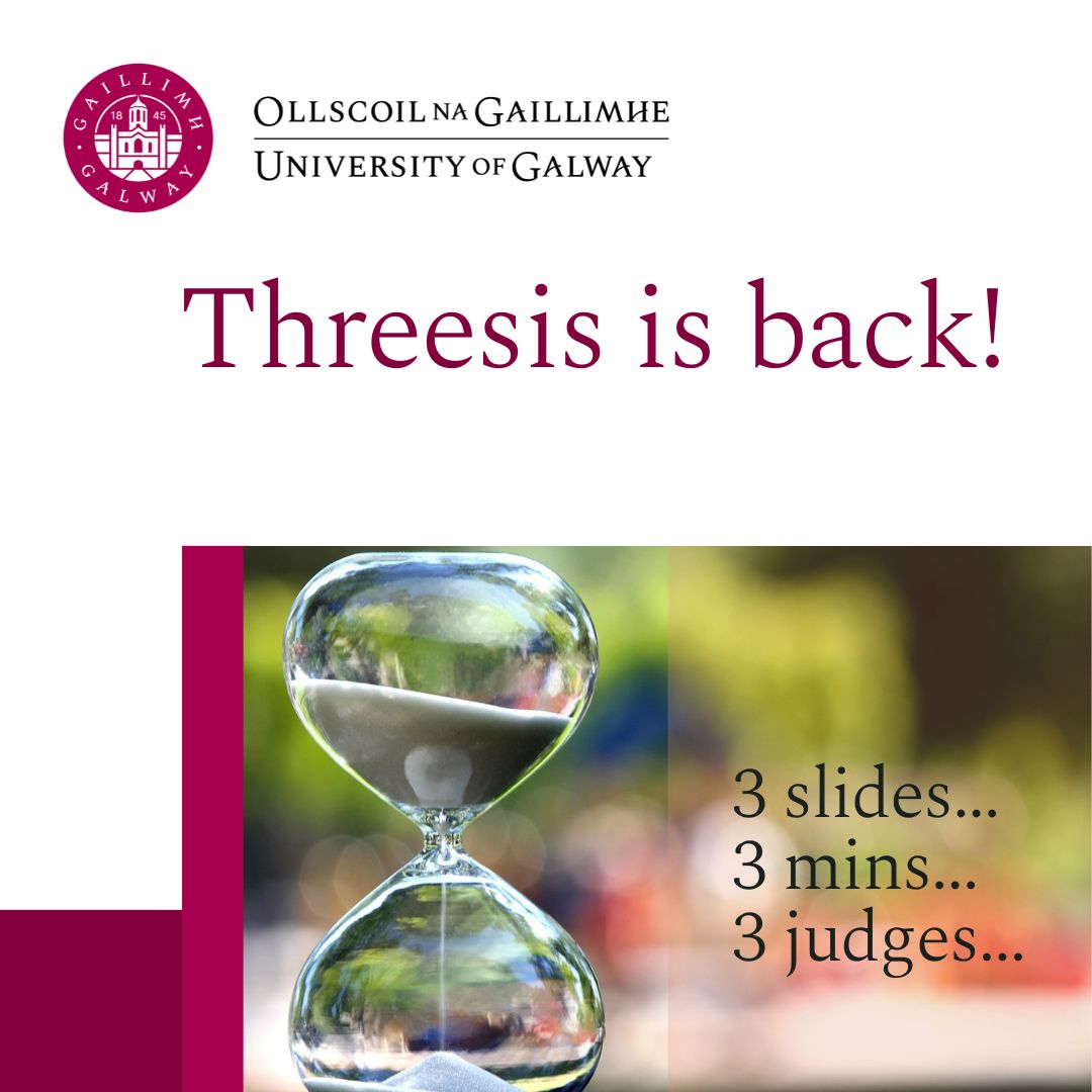 Shout out to our postgraduate research students...we have a few slots left for Threesis training next week. Great opportunity to develop communication skills, meet others, and think about research impact. More info here universityofgalway.ie/threesis/ 
#publicengagement #researchimpact