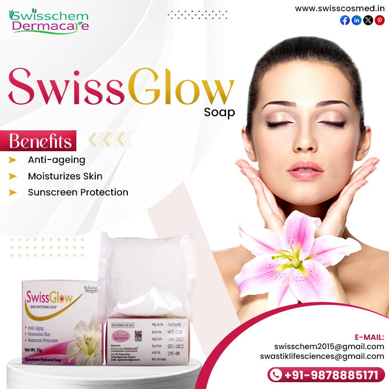 Swiss Glow Soap
Benefits
- Anti - ageing
- Moisturizes Skin
- Sunscreen Protection
For more info
Visit: swisscosmed.in
Call at: +91-9878885171
Email us: swisschem2015@gmail.com, swastiklifesciences@gmail.com
#franchise #pcd #pcdfranchise #pharmafranchise #derma