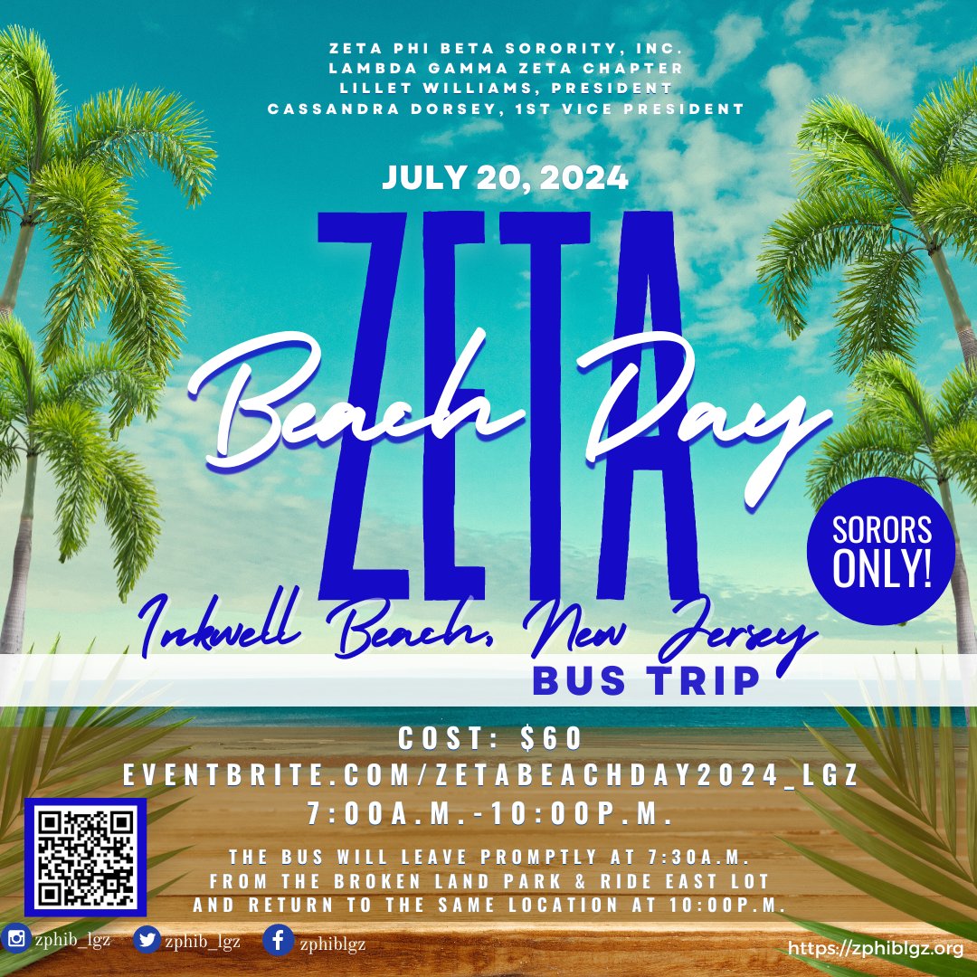 Nothing soothes the soul like a day by the water! Sorors, join #LGZHoCo on a bus ride to Inkwell Beach for a day full of fun in the sun!

Use the link below to purchase your tickets:
ZetaBeachDay2024_LGZ.eventbrite.com

#ZetaBeachDay2024 #ZPhiBMD #MarylandZetas