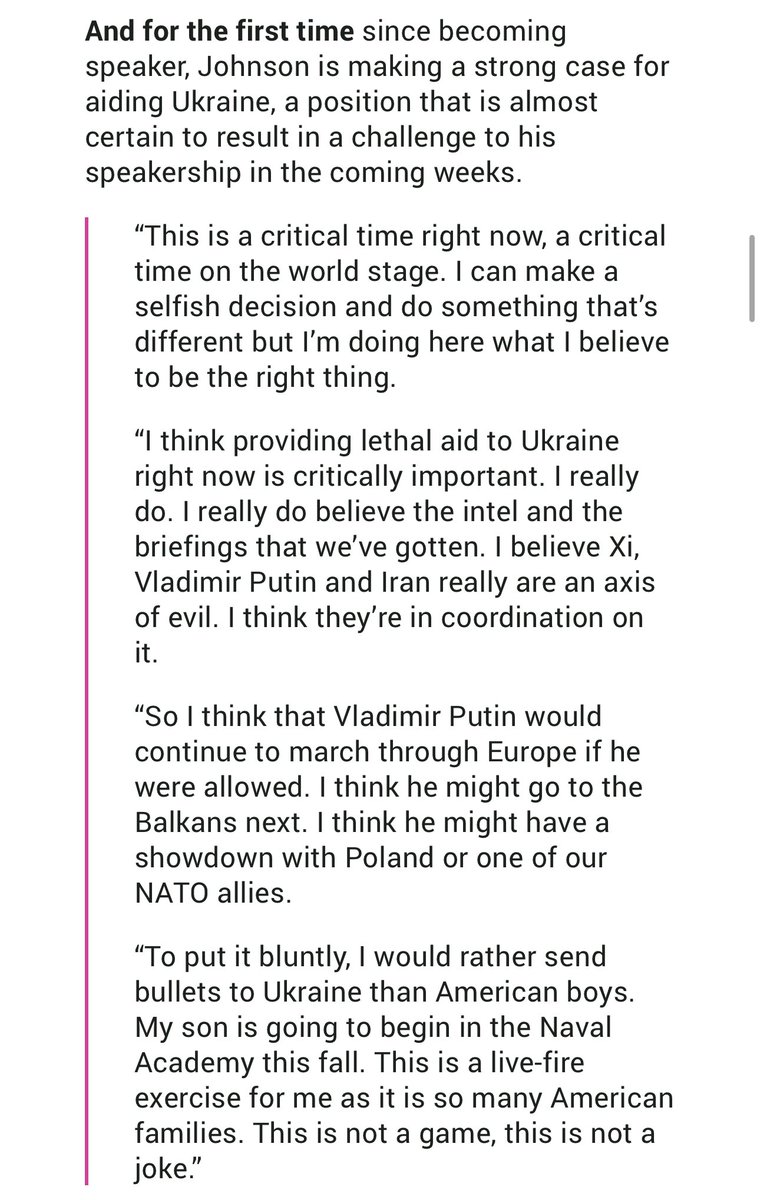 JakeSherman's tweet image. I was struck by this quote from ⁦@SpeakerJohnson⁩ yesterday. Until yesterday, he had yet to make a case for Ukraine aid. And then he unfurled this.