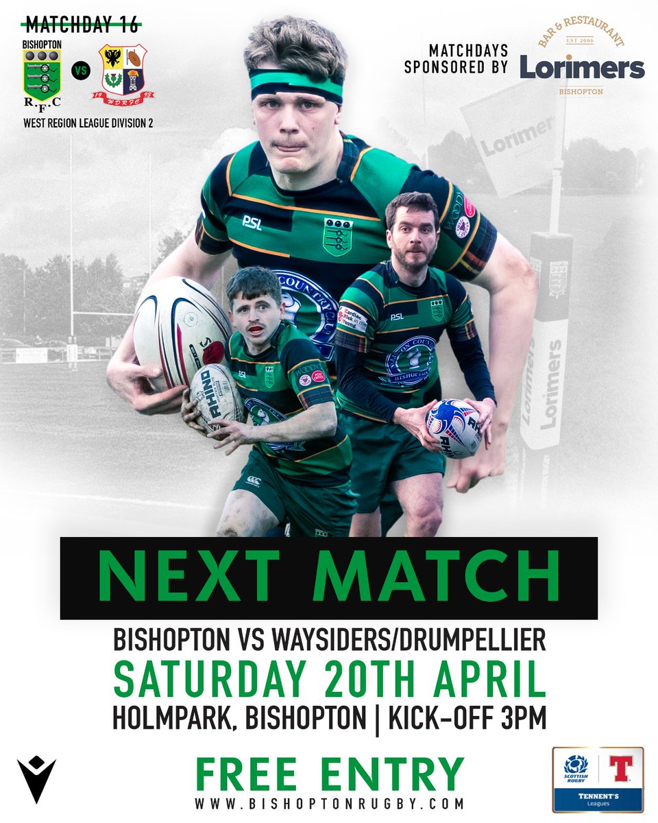 BishoptonRFC's tweet photo. 🟢⚫️🟡NEXT MATCH 🟢⚫🟡

Join us at Holmpark this Saturday at 3pm as we take on Waysiders/Drumpellier in matchday 16 of the west region league division 2. https://t.co/2e3rFa4Wiw