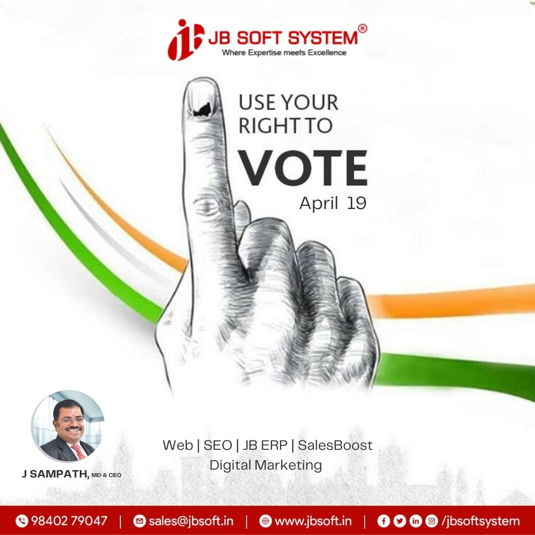 🌐 jbsoftsystem.com
📞 +91 98402 79047
📬 sales@jbsoft.in

#LokSabhaElections #Elections2024 #vote #April19 #useyourrighthand #election #JBSoftSystem #CEO #webdesign #webapplications #googleworkspace #aws #awssolutions #mobileapplications