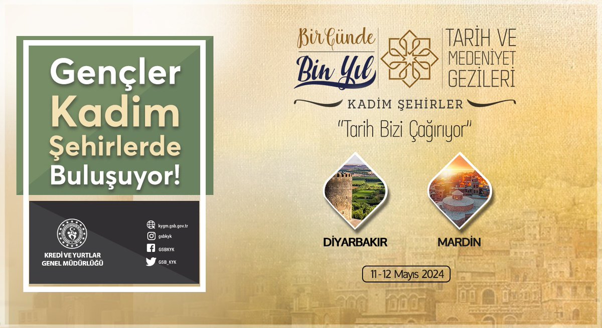 🚌 #BirGündeBinYıl Gezilerinin bu yılki rotası 'Kadim Şehirler' olarak belirlendi. Diyarbakır ve Mardin'e gidecek öğrenciler kura ile seçildi. Her il için bir kız ve bir erkek olmak üzere toplam 162 öğrenci bu heyecan verici deneyime katılacak. 🏛️🗿 kygm.gsb.gov.tr/HaberDetaylari…