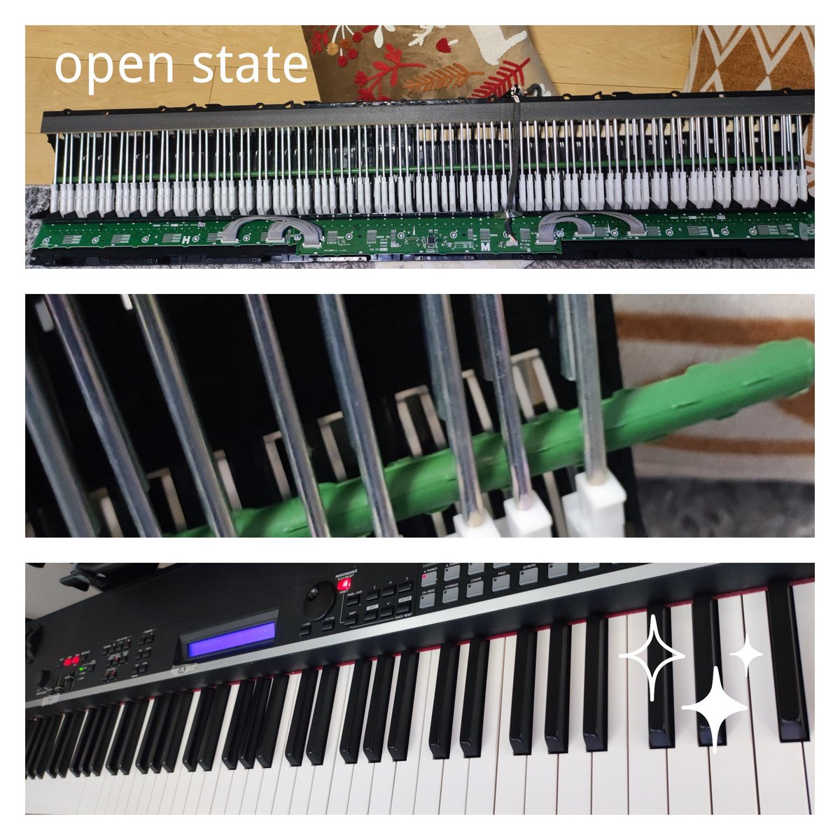 kenbow777's tweet photo. CP4 STAGE
メンテナンス完了!
一部鍵盤不具合あり
本体開ける時、鍵盤固定必須
園芸用の緑棒
長さ、太さが最適😊
弾き心地戻りました✨
#マニアックネタ
#YAMAHA
#CP4STAGE
#シンセサイザー https://t.co/QbBECQCOCs
