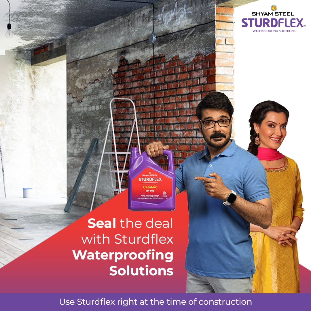 Damp and seepage not only spoil the look of your home but also weaken it from the inside.
So, use only Sturdflex #WaterproofingSolutions to seal the deal! Use Sturdflex right at the time of construction to protect your home from damp.

#ShyamSteel #Sturdflex #Damp