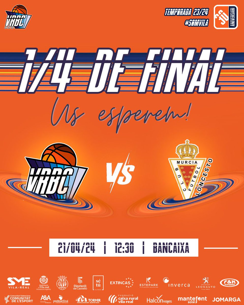 VilarealBC's tweet photo. 🔥 𝟏/𝟒 𝐝𝐞 𝐟𝐢𝐧𝐚𝐥! 

👉 Últim partit Sènior Nacional al Bancaixa! Defenem 15 punts d'avantatge!

🆚 @RMUBaloncesto
🗓️ Diumenge 21/04
⌚ 12.30 h
🏟 Bancaixa

💪 Us esperem per acomiadar junts aquesta gran temporada!

#SomVila💪🏀🧡💙

@SMEVILAREAL #EndavantEsports https://t.co/hDtGkd3Rja