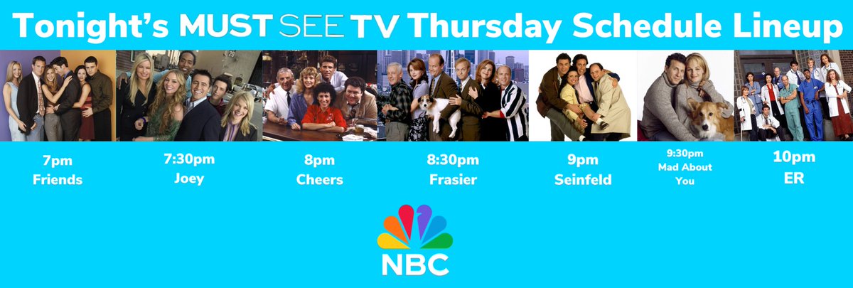 Here’s what’s coming up on tonight’s #MustSeeTV Thursday we got #Friends, #Joey, #Cheers, #Frasier, #Seinfeld, #MadAboutYou and a bonus drama show #ER so watch it starting at 7pm on #NBC! 🙂😎🕶️🛋️📺
@FriendsTV #FriendsTV @SeinfeldTV @madaboutyoutv #ERTV @nbc #NBCTV
