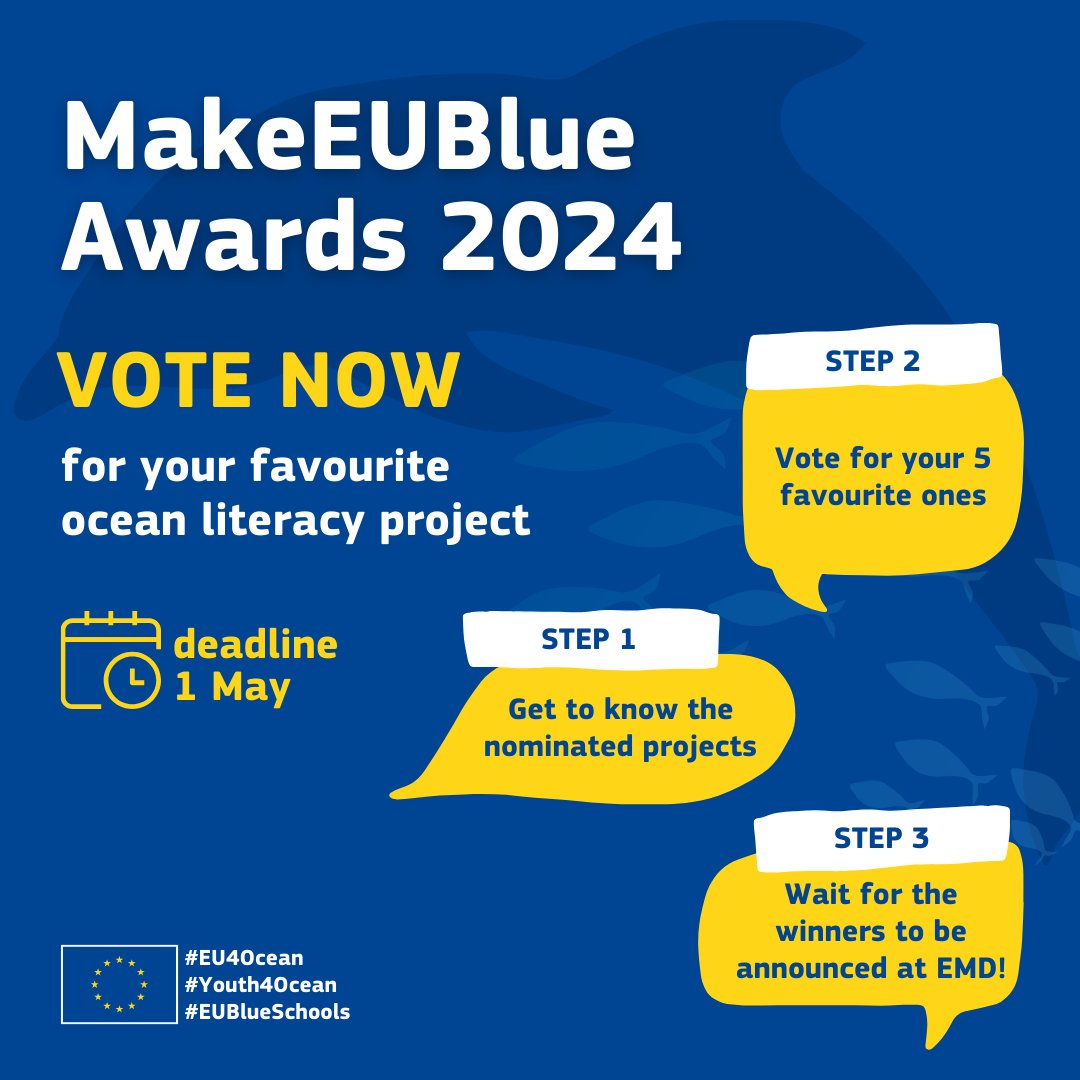 📣🌊Public voting for the #MakeEUBlue Awards is now open!

🐬📚Vote for your favourite #oceanliteracy project by 1 May: europa.eu/!kTV8XP

#EU4Ocean #Youth4Ocean #EUBlueSchools #EMFAF #awards