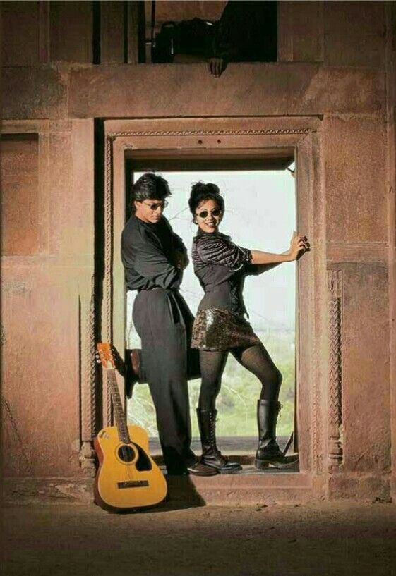 Shah Rukh Khan and Gauri Khan on the sets of Pardes.