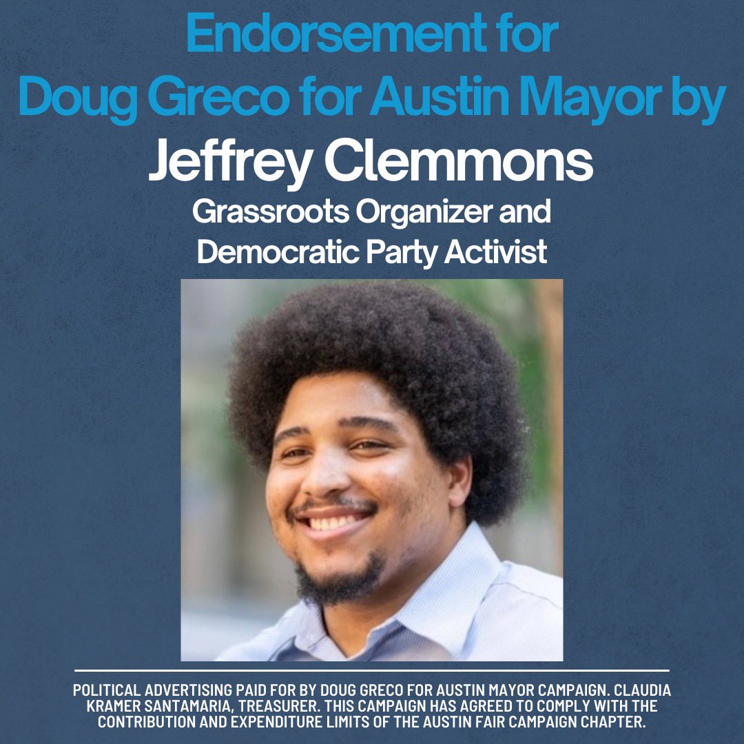 Proud to have the endorsement of Jeffrey Clemmons, grassroots organizer and Dem party activist.  

At Huston-Tillotson, Jeffrey was a key leader in building the student civic engagement/organizing strategy in collab with CTI, where I first got to work with him. 
@Jeffrey4SDEC35