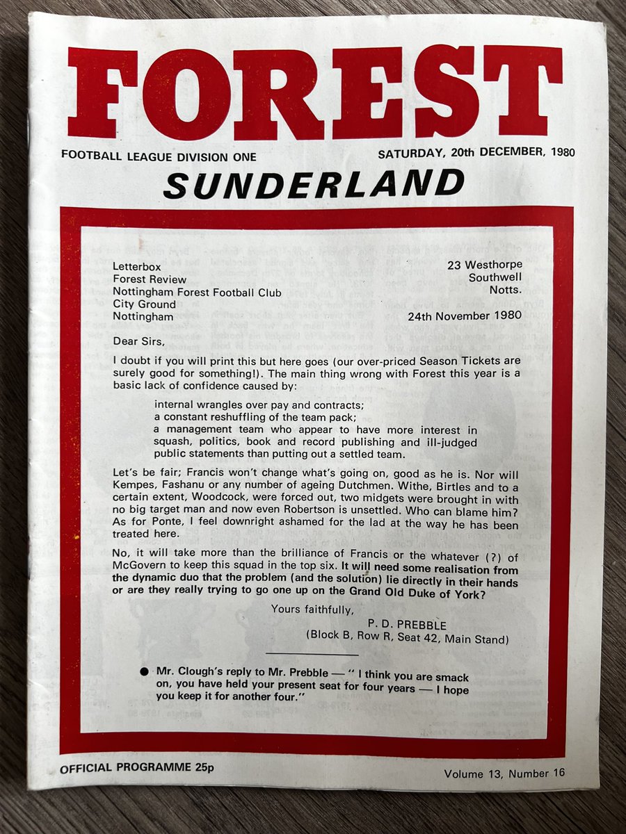 When #NFFC got complaints about season ticket prices in Cloughie’s day he printed the complaint on the front of the match day programme with his reply!!! See thread🧵 🔴⚪️🌳