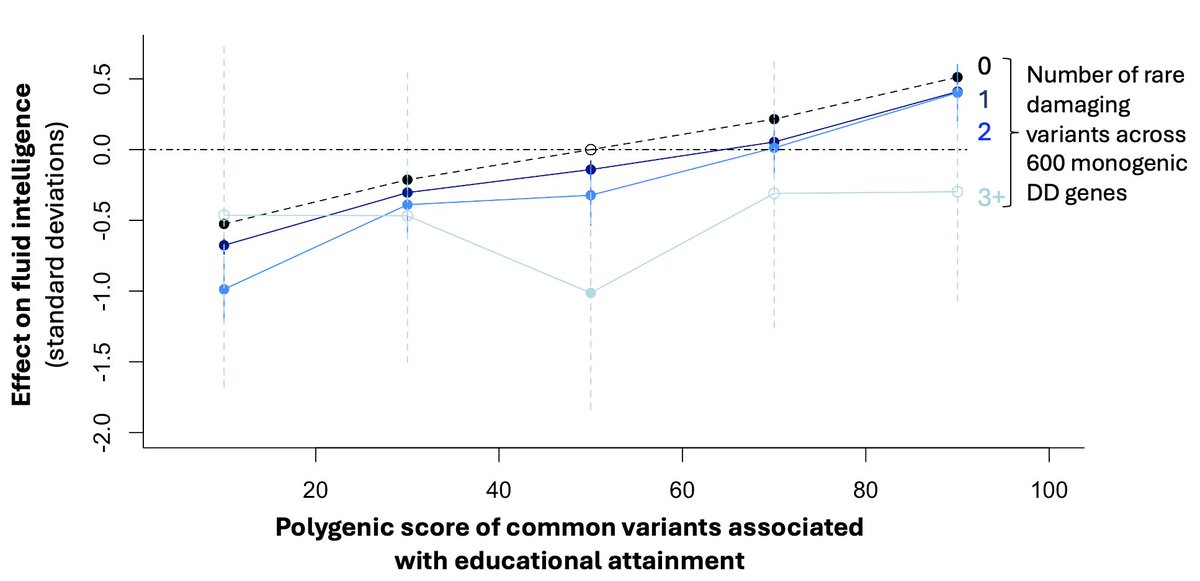 Additive effect of carrying multiple rare variants in monogenic DDG2P genes and common variant polygenic score for educational attainment in @uk_biobank. Lovely work from former PhD student Becca Kingdom with @mnweedon @ExeterMed @NatureGenet doi.org/10.1038/s41588…