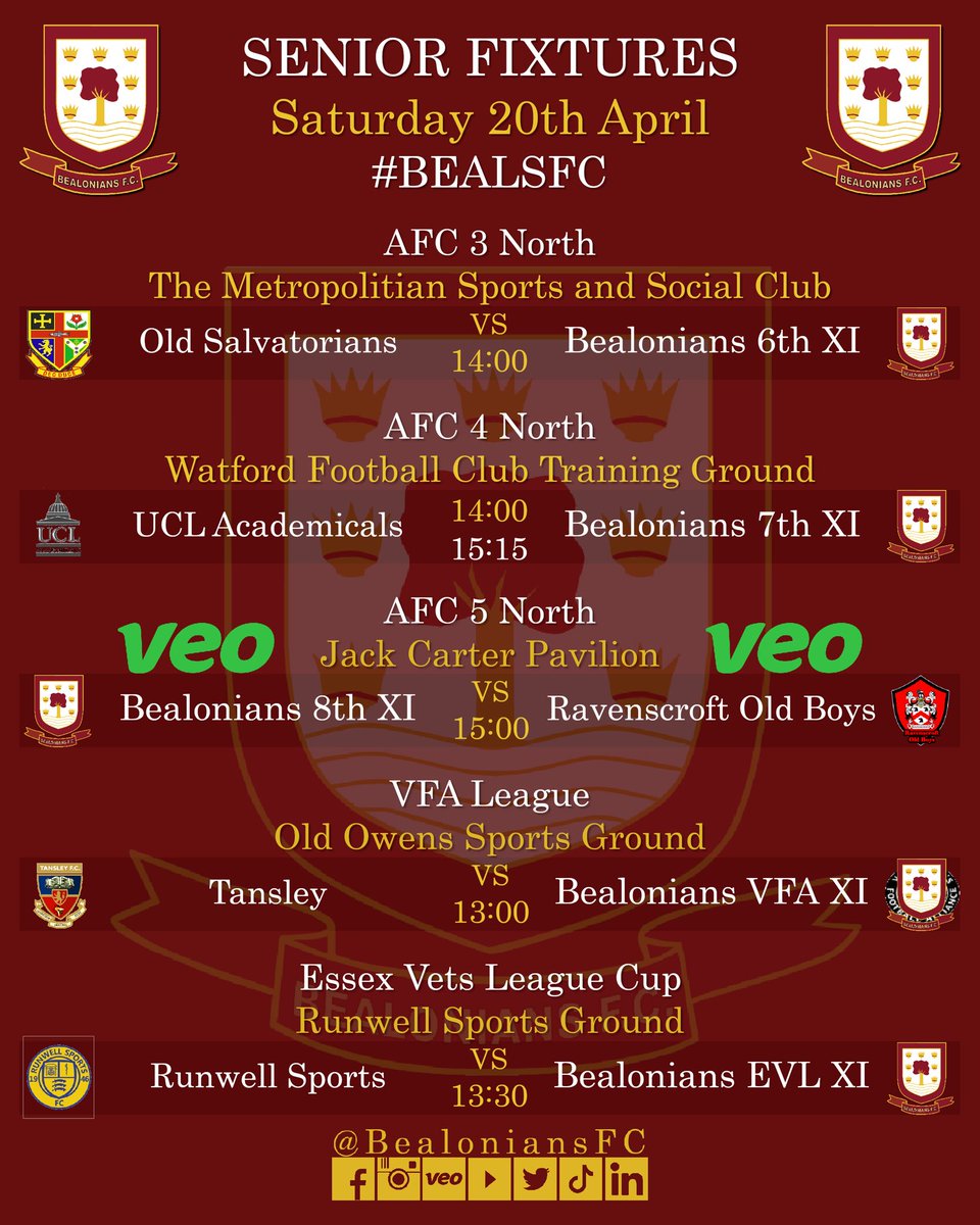 Game Week 33 sees the 4s season completed, no fixture for the 3s and a late pull out from our 2s opposition meaning 7/10 senior teams in action this weekend. Good luck to all ⚽️⚽️⚽️⚽️ - #BealsFC #Grassrootsfootball #Football #Footballforall #Weonlydopositive #Essex #London