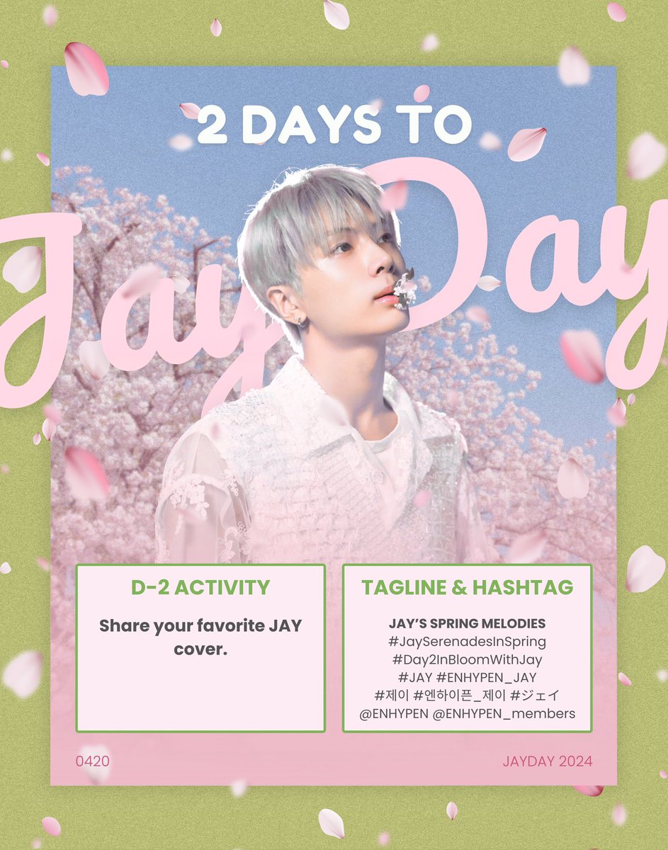 PJAYVOTINGTEAM's tweet photo. [D-2]

The day isn't done yet! Let us know your favorite JAY cover! 🎤 🎙️ 

JAY'S SPRING MELODIES
#JaySerenadesInSpring
#Day2InBloomWithJay
#JAY #ENHYPEN_JAY #제이 #엔하이픈_제이 #ジェイ@ENHYPEN @ENHYPEN_members https://t.co/xAmV0tpewz