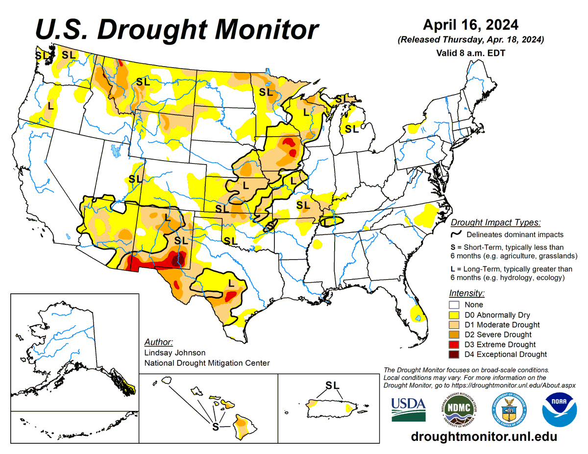 US Drought Monitor 4-18-24

For the 50 states and Puerto Rico, the US Drought Monitor shows 15.02% in moderate drought or worse, compared to 14.66% last week.

#droughtmonitor #drought #drought2024 #climate #science #data #maps #UnitedStates #USA #US