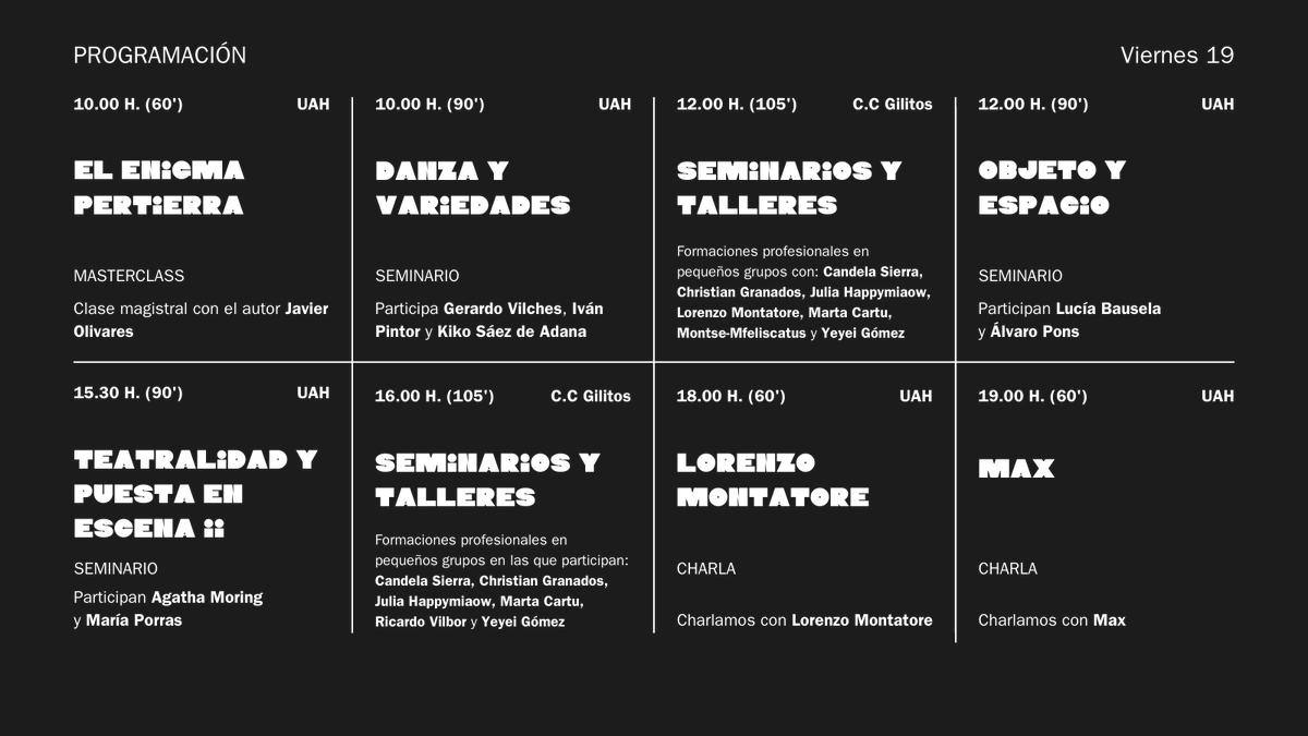 KrunchFestival's tweet photo. 💥 𝗣𝗥𝗢𝗚𝗥𝗔𝗠𝗔𝗖𝗜𝗢𝗡 𝗩𝗜𝗘𝗥𝗡𝗘𝗦 𝟭𝟵💥  
 
Masterclasses, charlas, seminarios y talleres para que paséis un viernes tan crujiente como interesante en @Comic_ECC_UAH @UAHes y Gilitos😉  

*Recordad que las actividades del Krunch! Escuela son exclusivas para los alumnos https://t.co/WTbxjSrqX5
