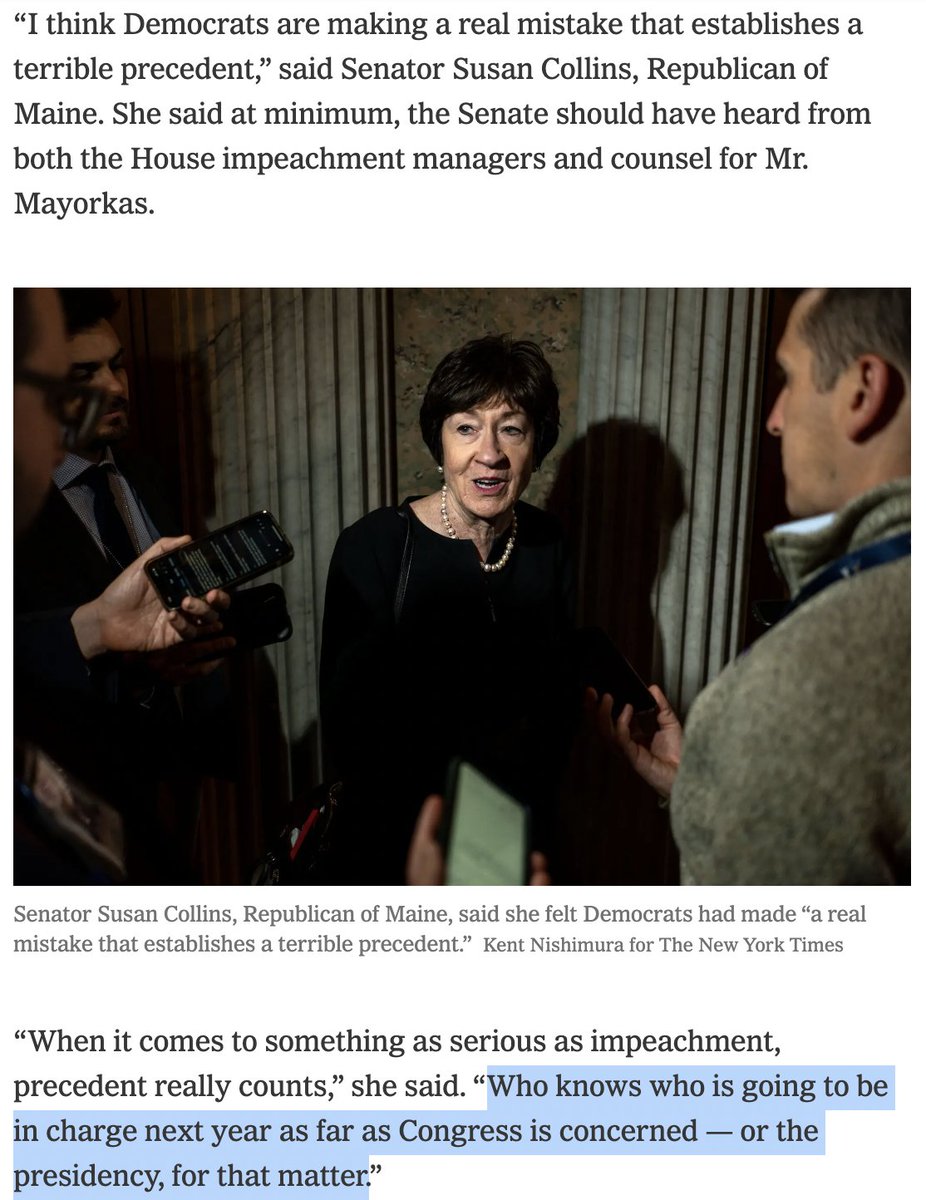 Susan Collins suggesting between the lines (barely) that Democrats rejection of the House GOP's sham impeachment means that if her guy Trump wins Republicans would be justified in letting him off the hook for actual offenses. Classy stuff. tinyurl.com/3nrtfthw #mepolitics