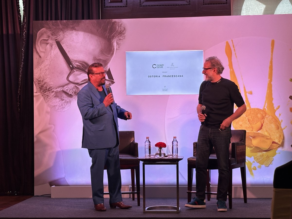 Time to hear @virsanghvi interview Massimo Bottura at @TheLeelaHotels. Massimo will cook at @CulinaryCultrCo dinners over the weekend. Tickets on @eazydiner Cc: @RaajSanghvi @reddevilanupam @KapilChopra72