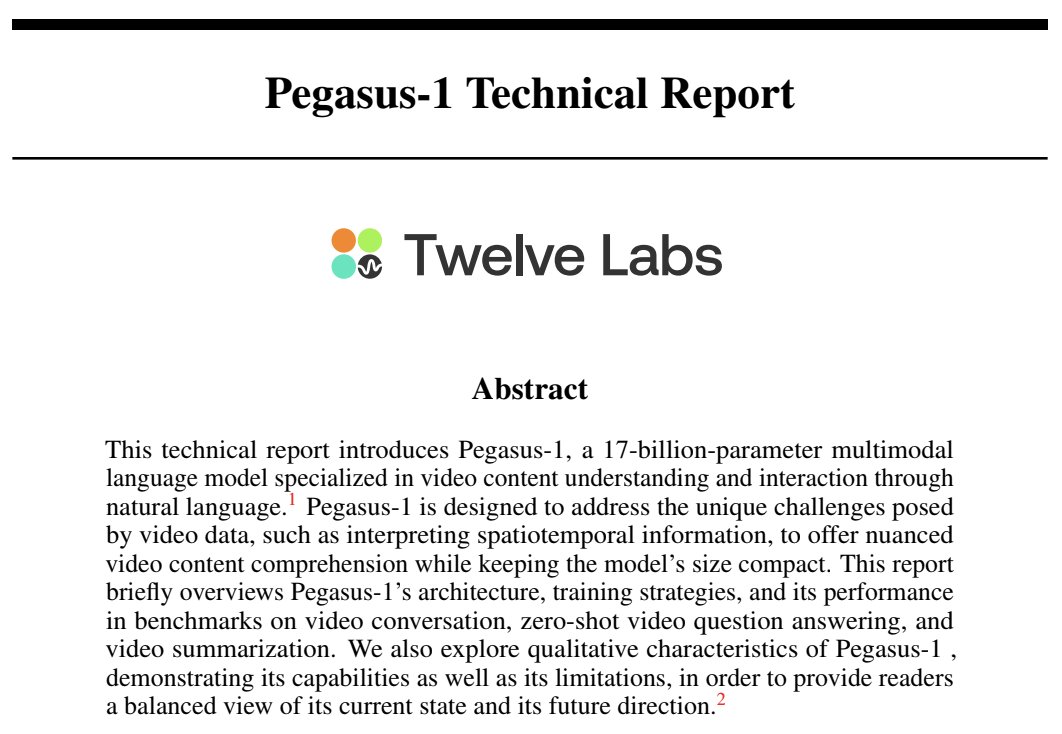 🚀 We're excited to share the technical report of Pegasus-1, our 17B-parameter VLM, setting new benchmarks in video understanding. It surpasses larger models like Gemini Pro and Ultra in video conversation, QA, summarization, and temporal understanding. bit.ly/pegasus-1-tech…