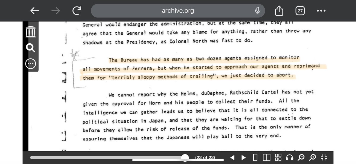 The FBI was trying to keep tabs on Ferrera, but he kept on coming up to their tails and shutting on how bad they were at tailing him, so the FBI eventually gave up. Not in this document- but Ferrera continued to help Horn protect himself from the CIA which eventually led to…