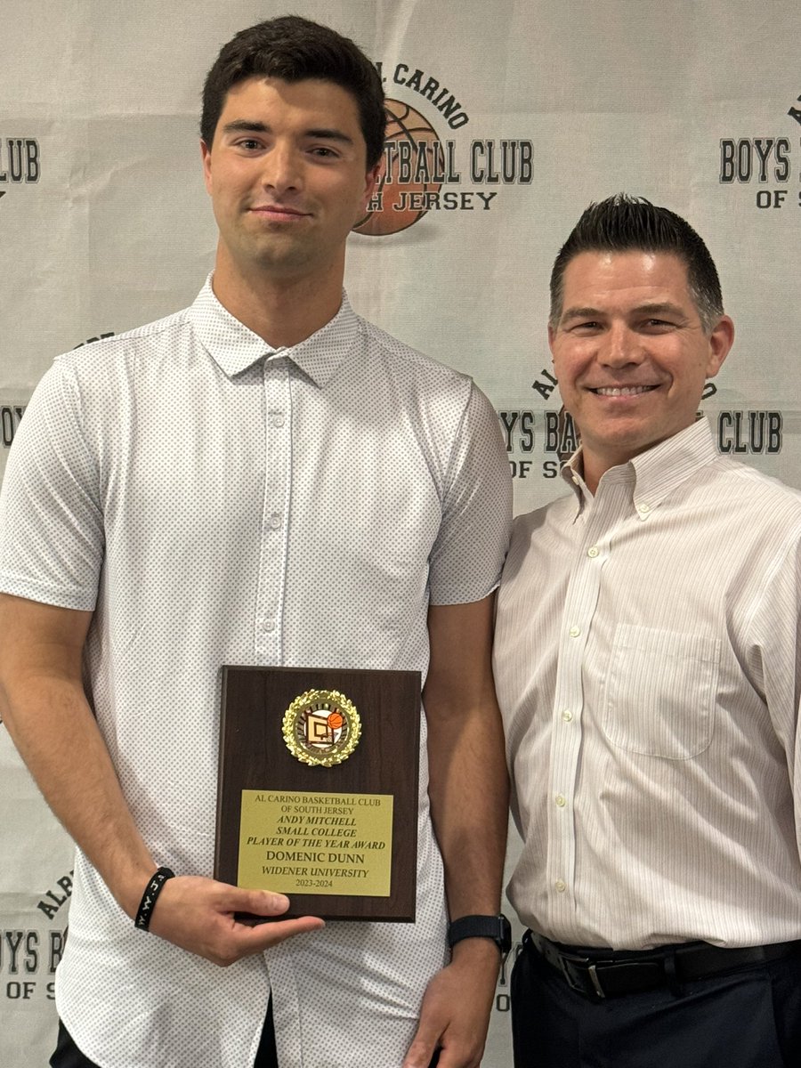 Congratulations to Domenic Dunn on being named “Small College Player of the Year” at the Al Carino BBB Club of South Jersey’s 2024 Awards Banquet!  (Pictured Domenic Dunn and Coach Chris Carideo) #DomenicDunn #WidenerUniversity #CollegePlayeroftheYear  #CoachCarideoWU