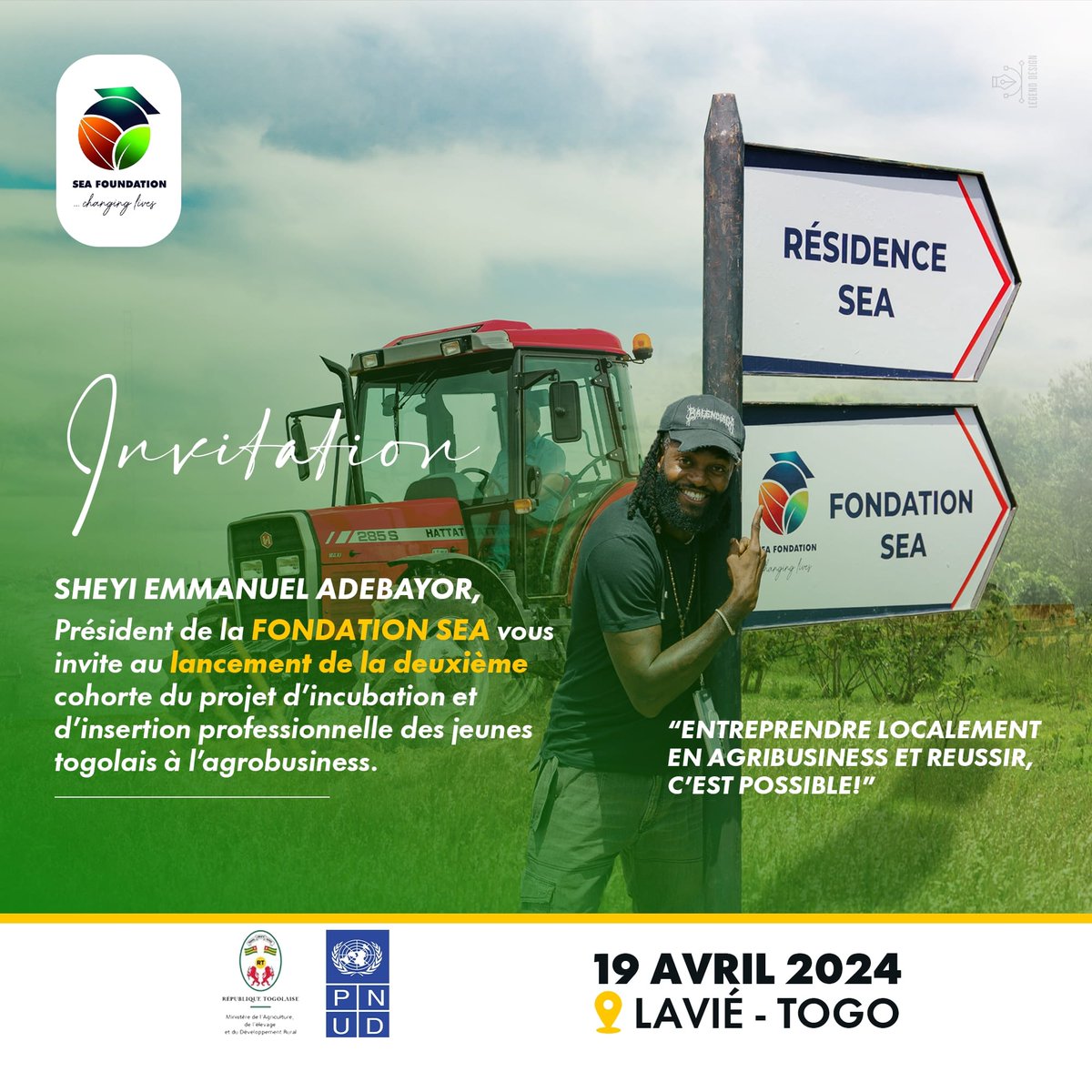 En partenariat avec 
@FondationSEA 
@AgricultureTg @Devbase_Tg  
heureux de vous annoncer le lancement de la 2eme vague des agripreneurs du projet  d'incubation & d'insertion professionnelles des jeunes togolais à l'agribusiness soutenu/@PnudTogo 
🗓️19.04.2024
🎯#Lavié -Kpalimé🇹🇬