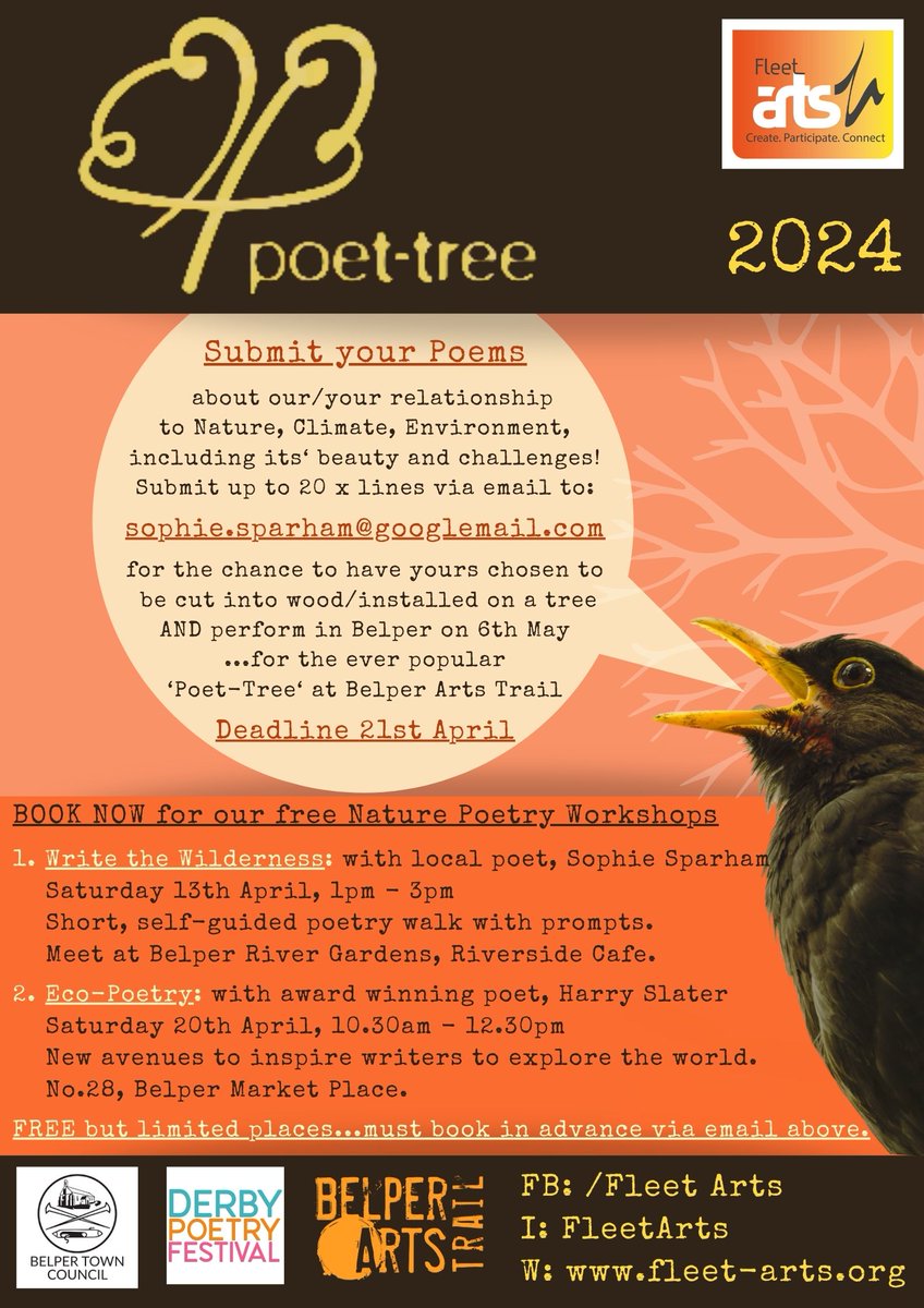 Last chance to book your FREE place on ‘Derby Poetry Festival/Fleet Arts’ eco-poetry workshop! THIS Saturday in Belper, with an award winning poet. Details on the flyer with a chance to have your poem wood-cut/perform at Belper Arts Trail.