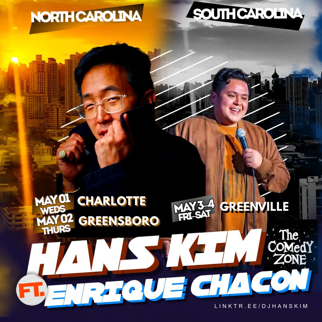 North/South Carolina tar your heels and cock your game! With @enriquecomedy at @comedyzoneclt @comedyzonegreensboro @comedyzonegreenville! Tickets here: linktr.ee/djhanskim