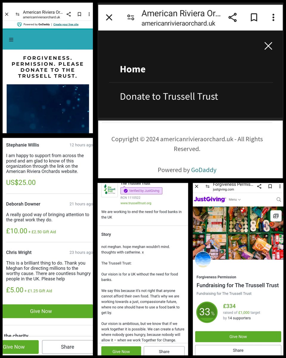 A vitriolic #MeghanMarkle troll has hijacked the #DuchessMeghan's #AmericanRivieraOrchard brand domain in the UK to fraudulently solicit donations via @GoDaddy to @TrussellTrust. Apparently, their patron #KateMiddleton doesn't inspire much interest as M.🤷🏽‍♀️ americanrivieraorchard.uk