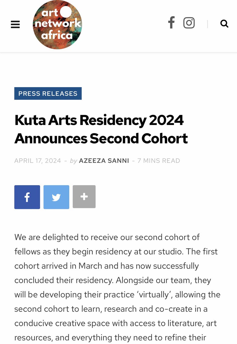 We are super excited for another feature from Art Network Africa on our ongoing Art Residency Program.

@artnetworkafrica .
Check out the feature article via the link below, 

artnetworkafrica.com/kuta-arts-resi… 

Thank you @artnewsafrica 

#kutaartsresidency #artsresidency #artnewsafrica