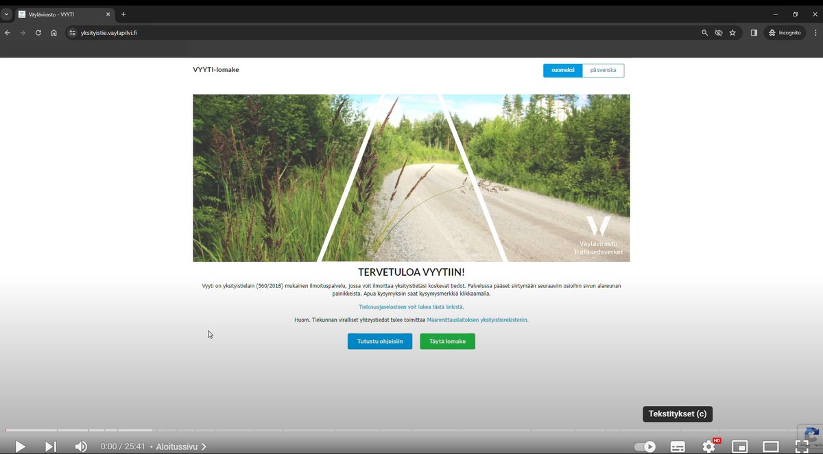 👉Yksityisteiden tiedot ilmoitetaan Digiroadiin ensisijaisesti VYYTI-lomakkeella. 

⭐️Digiroadin Youtube-kanavalle on juuri julkaistu VYYTI-lomakkeen käyttöohjevideo lomakkeen täydentämisen tueksi! 

🧑‍💻Käyttöohjevideoon 👉youtube.com/watch?v=jLC7OK…