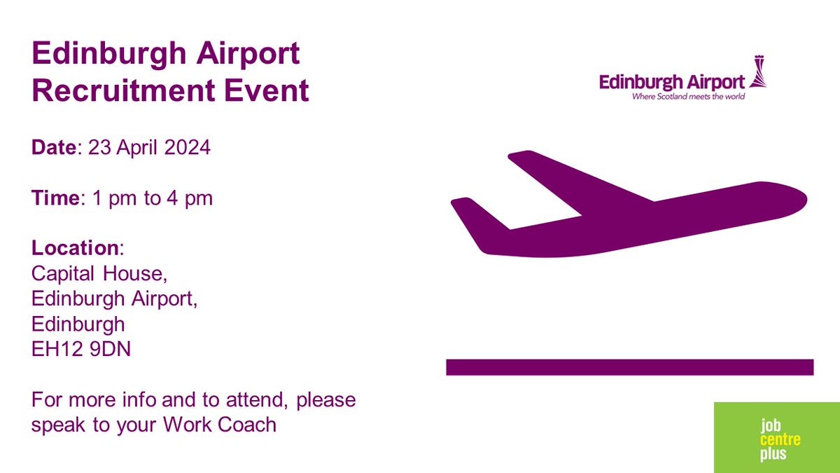 Delighted to be working in partnership with @EDI_Airport as they host a #RecruitmentEvent on 23 April. A great opportunity to speak with employers who are recruiting!

To attend, please speak to your Work Coach to book a slot

#EdinburghJobs #AirportJobs