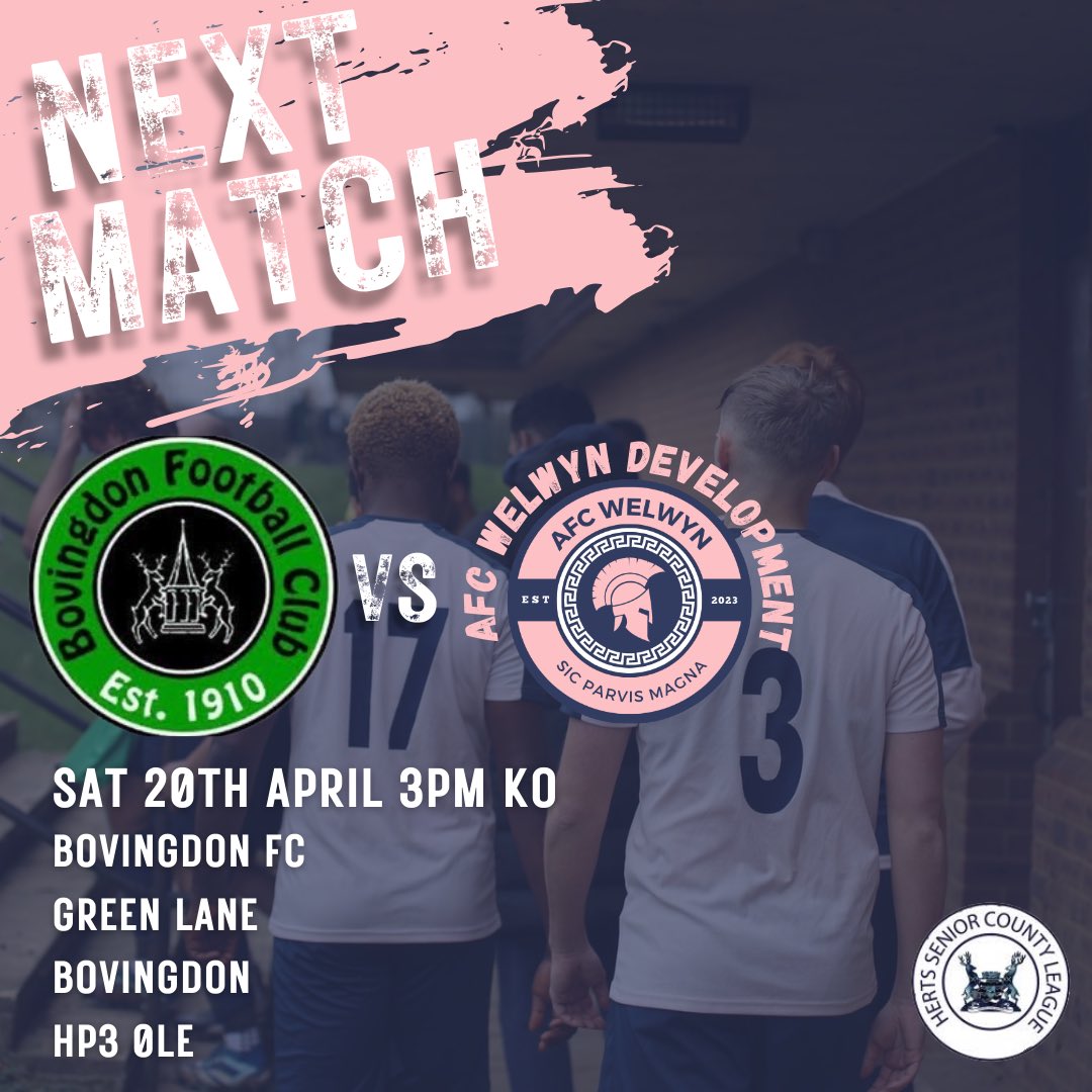 We play away against @BovingdonResos this weekend in the @hscfl ⚽️💙 🩷 📅 Saturday 20th April 2024 ⏰ 3pm KO 🗺️ HP3 0LE #afcwelwyn #afcwelwyndevelopment #uptheromans