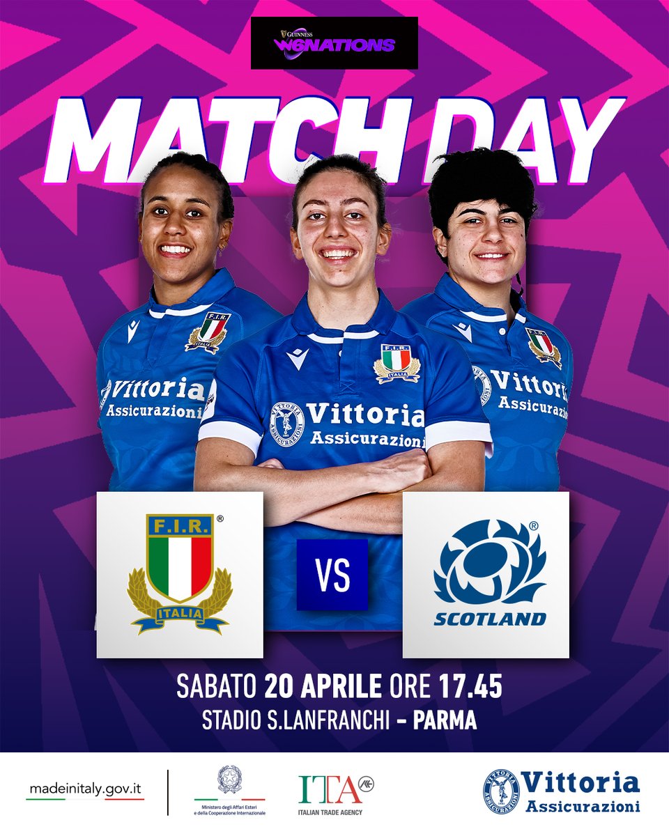 M A T C H D A Y 🔥

#ITAvSCO 🇮🇹 🏴󠁧󠁢󠁳󠁣󠁴󠁿
📆 sabato 20 aprile, kick off ore 17.45
📍 Stadio S. Lanfranchi, Parma
🎟️ @mailticketIT
📺 @skysport ▪️ @nowtv_it

#Azzurre #GuinnessW6N
#insieme #rugbypassioneitaliana