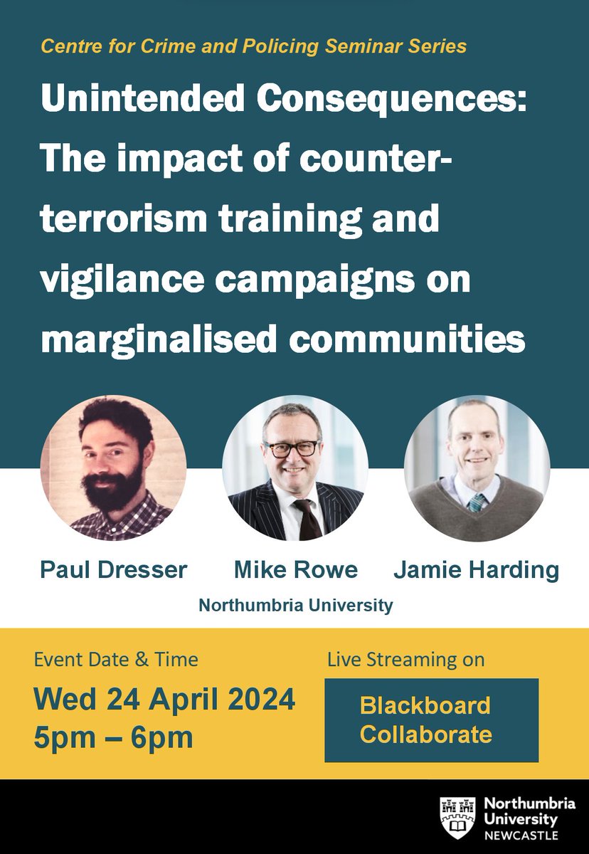 The next on-line seminar series in the Research Centre for Crime and Policing will take place Wednesday, 24th April 2024, 5–6pm. Paul Dresser, Mike Rowe, and Jamie Harding will deliver a talk as below. Click the link to join. 
eu.bbcollab.com/guest/c281b5eb…