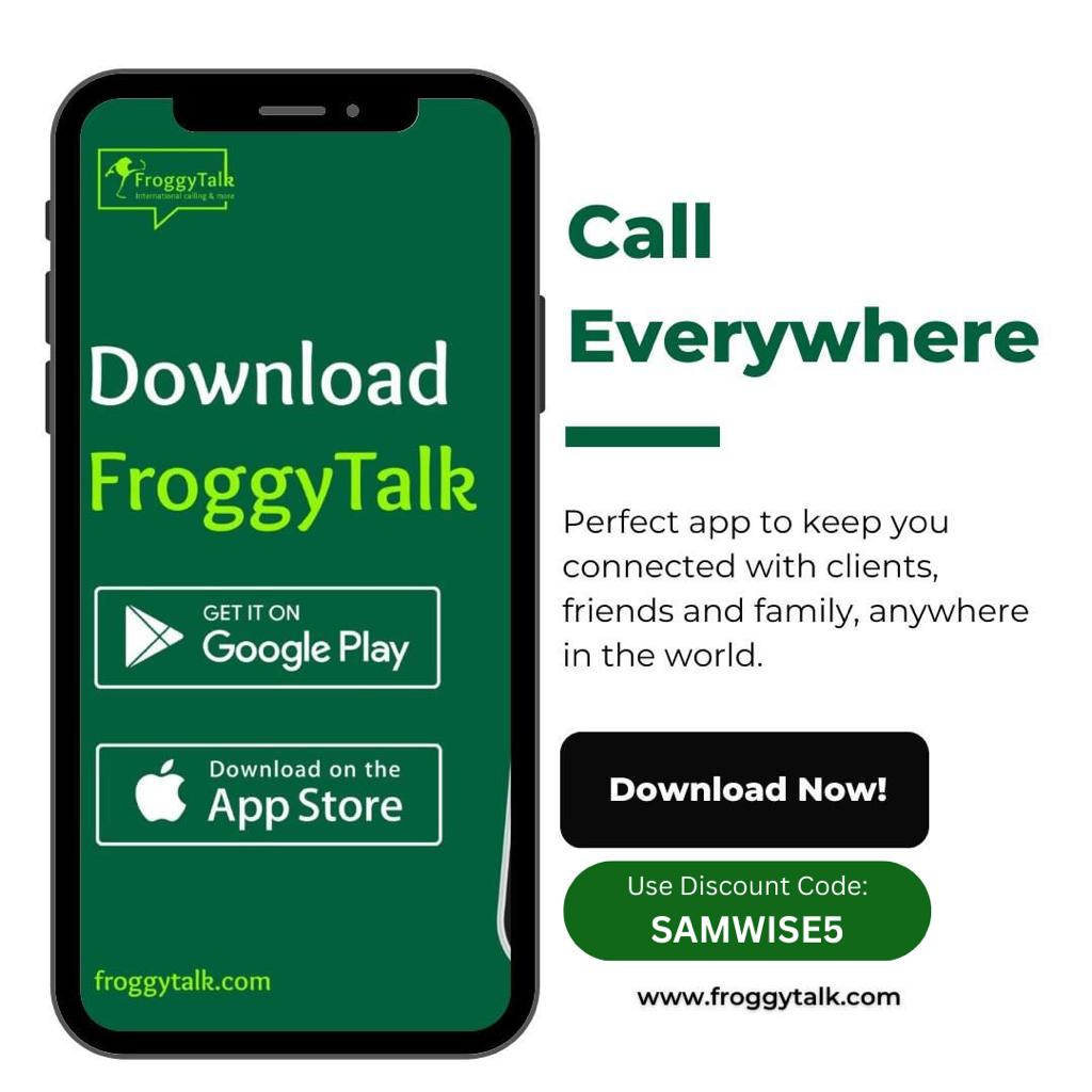 With #Froggytalk, distance is not an issue. Stay connected with loved ones. Download the #Froggytalk app and enjoy cheap international phone calls with crystal clear voice quality. Get a 5% discount every time you top up using the code [SAMWISE5]
link-to.app/AHA423kdwG
