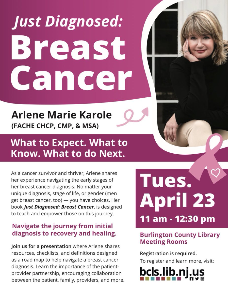 Join me at Burlington County Library on April 23 to learn what to expect after a breast cancer diagnosis. I'll share patient advocacy and survivorship strategies. Register: bcls.lib.nj.us/events/10281
 #BreastCancerSurvivor #PatientAdvocacy