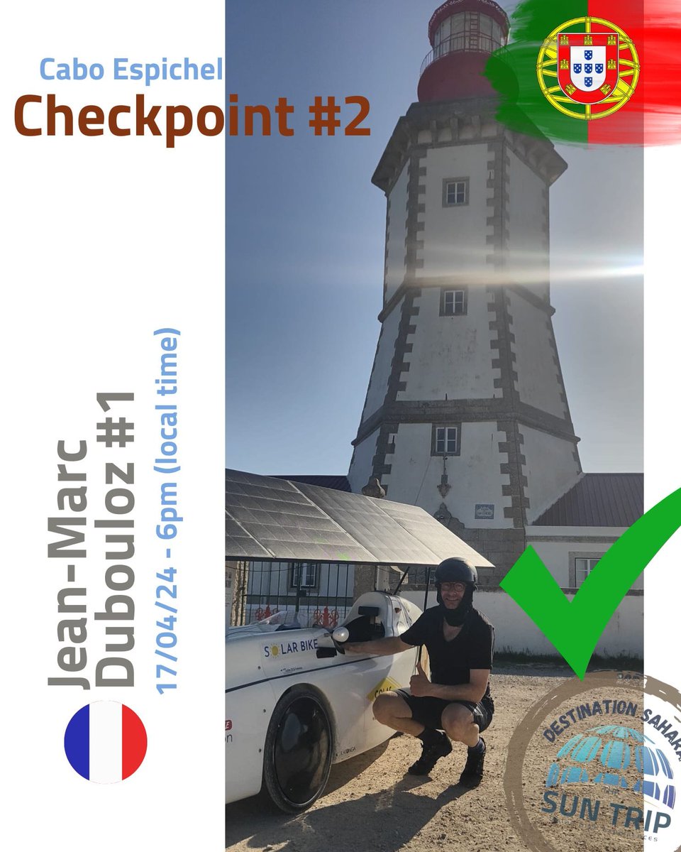Jean-Marc Dubouloz au Checkpoint#2 ! Environ 1900km depuis Lyon, en 5,5 jours. (Soit 345 km de moyenne par jours, environ).
-- thesuntrip.com/carte-interact… -- 
Here it is, the leader at Checkpoint #2 
About 1900 km from Lyon, in 5,5 days.
(average : about 345 km per day)
