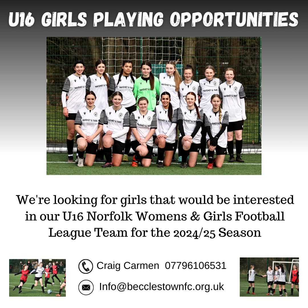 BecclesFC's tweet photo. 🌟 U16 Girls 2024/25 Opportunity 🌟 

With a clear pathway into our Ladies Team, we're looking to build for the future 💪 

If this opportunity interests you, please get in touch 🤍🖤

#OurClub #Together #BTFC #UpTheTown https://t.co/bQgTcKmlhr