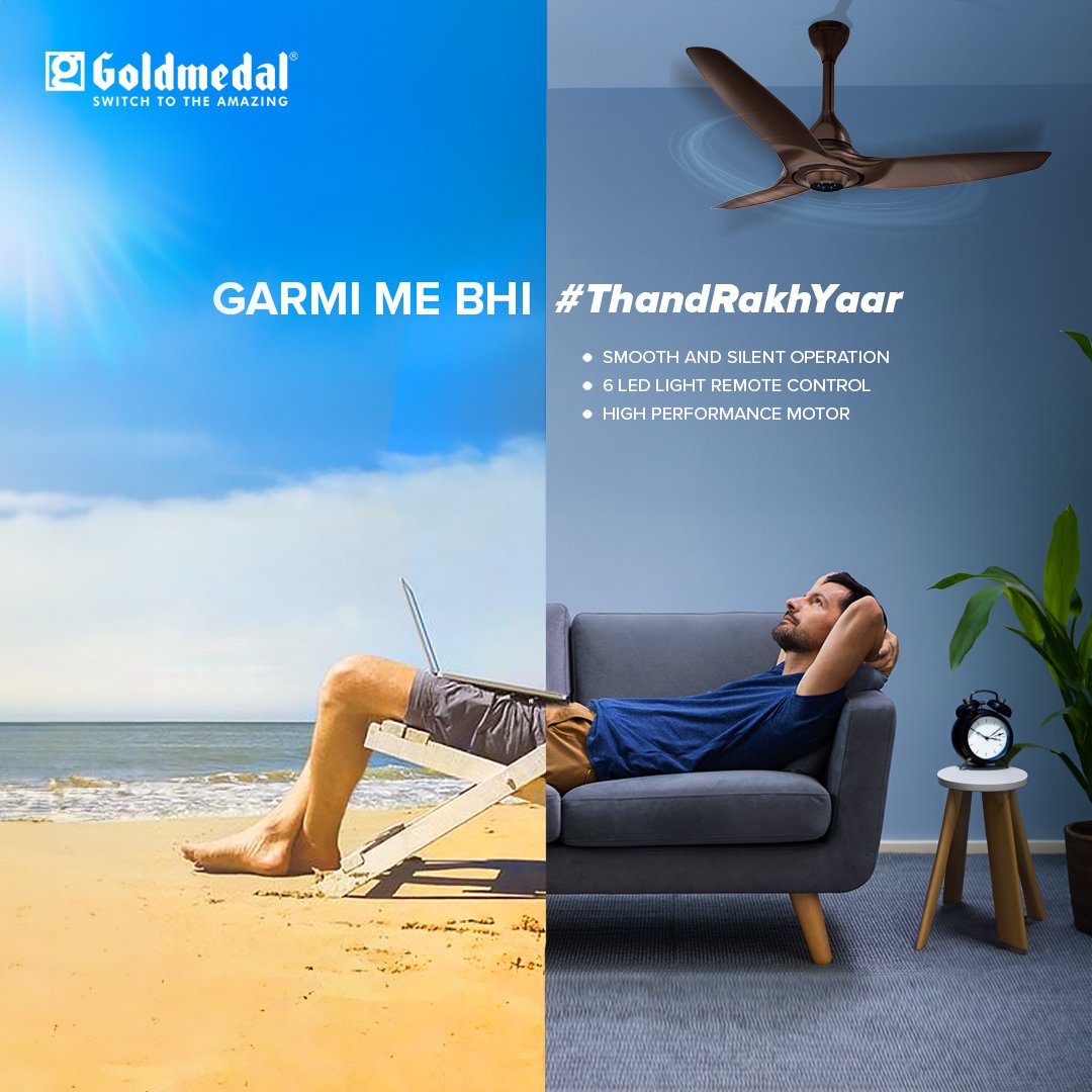 Keepin' it cool and breezy🍃, even when the sun's blazing hot!☀ Goldmedal Hush Flo - smooth, silent, and remote controlled, so even in summers, #ThandRakhYaar #Goldmedal #GoldmedalIndia #GoldmedalElectricals #SwitchToTheAmazing #Summer #Fans #SummerVibe