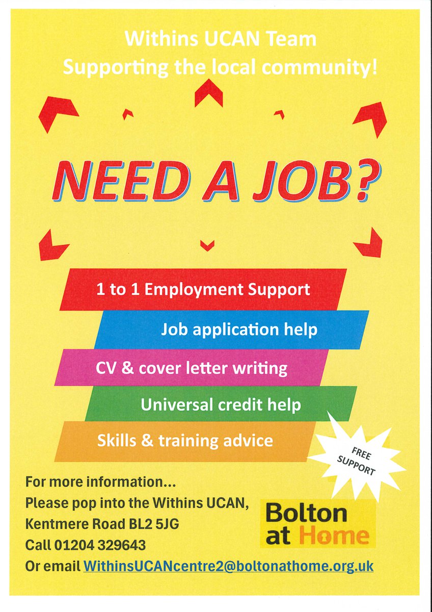 Visit us at Withins UCAN for some employment support. Our UCAN centres also offer a wide range of other services, which can be found on this link:- boltonathome.org.uk/ucan/ @vanessahamnett @boltonathome #employment #SupportServices #jobs #collaboration #CommunityEngagement