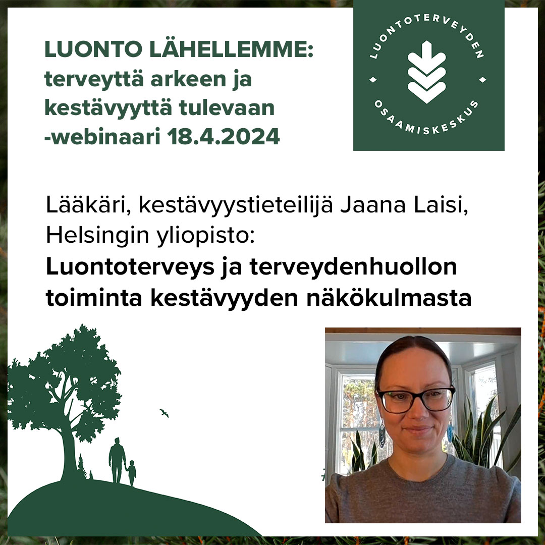 Terveydenhuollon pitäisi puhua ympäristön puolesta paljon voimakkaammin. Terveyden näkökulmaa olisi hyvä vahvistaa kestävyysmurroksen edistämisessä. Ihminen ja ihmisen terveys ovat osa luonnon kokonaisuutta, painotti lääkäri Jaana Laisi #HelsinginYliopisto #luontoterveys