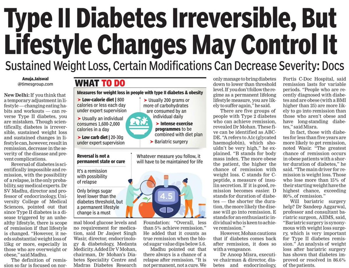 Congrats to @AnujaJaiswalTOI @TOIIndiaNews. My quotes also included in the article. @docanoopmisra #diabetesreversal #type2diabetes #diabetesremission #diabetestreatmemt #drvmohan