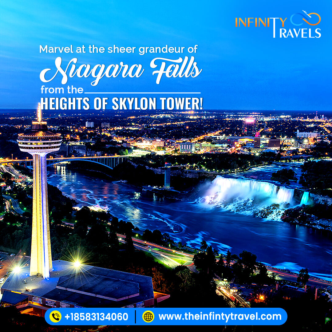 Ready for a bird's-eye view of Niagara Falls?🏊‍♀️✈️ Head up to Skylon Tower's observation deck and prepare to be amazed! Contact us to plan your trip now! #NiagaraFalls #SkylonTower #NiagaraFallstrip #FlyWithUs #NiagaraFallsTour #InfinityTravels