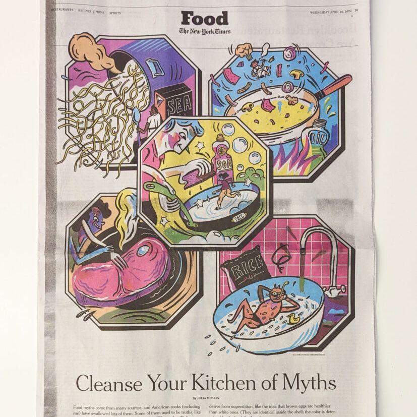 Cooking Myths: Debunked! Illustrated by Jakob Hinrichs @jak_hin for NY Times Food. What do you think: Can you use soap on a cast iron? Do you need to rinse your rice? And just how salty does your pasta water need to be??? rappart.com/project/kitche…