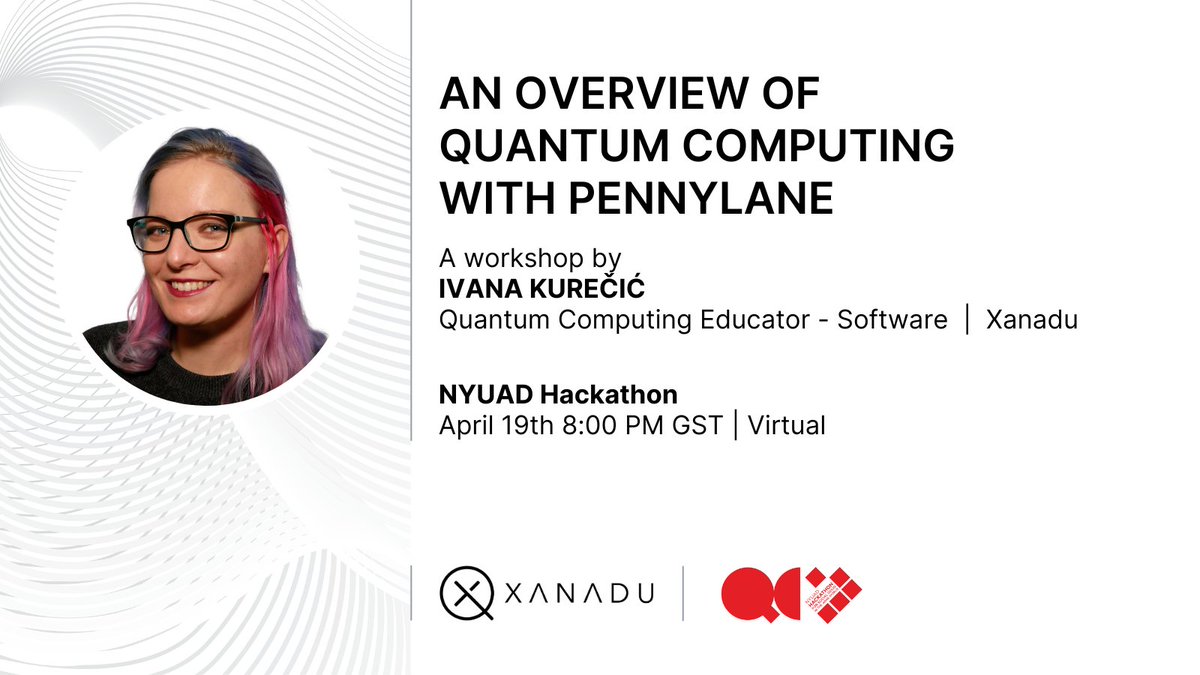 We are looking forward to the @NYUAbuDhabi 12th Annual Hackathon for Social Good. In preparation for the big event, Ivana Kurečić will be giving an overview of quantum computing with @PennyLaneAI workshop. 🗓️ April 19, 8 PM GST 💻 Virtual Learn more👇 sites.nyuad.nyu.edu/hackathon/