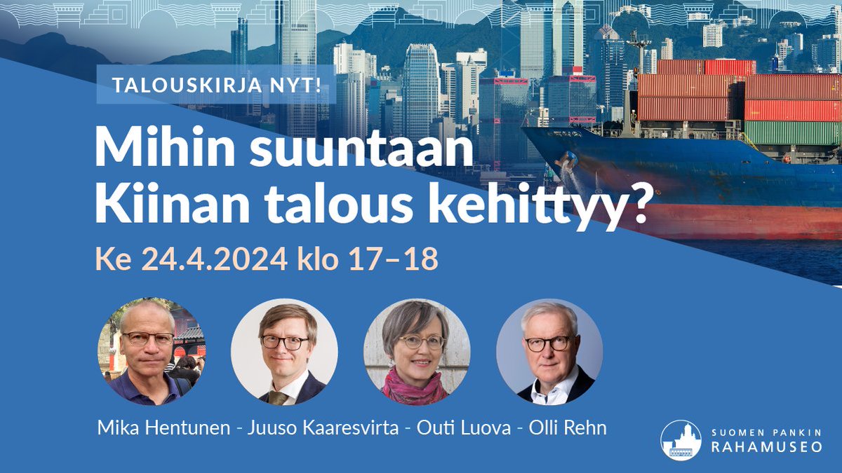 Ensi viikolla Talouskirja nyt -yleisötilaisuudessa keskustellaan tuoreesta Kiinan talous -kirjasta. Keskustelemassa @J_Kaaresvirta, @OutiLuova, @MikaHentunen, moderoimassa @ollirehn. 📆 Ke 24.4. klo 17-18 📍 Rahamuseo & verkkolähetys Tervetuloa! 🔗 rahamuseo.fi/tapahtumat/Tap…