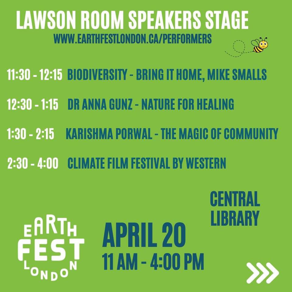 Saturday! 🌱 💚🐢 This year’s free EarthFest event takes over the main floor of Central Library and Citi Plaza with activities, displays, music, talks and demonstrations. Join us from 11am-4pm on Saturday, April 20. Find the full schedule here: earthfestlondon.ca/performers/